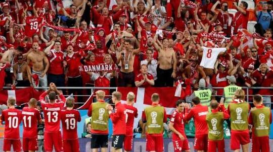 图为丹麦球员赛后与球迷们共同庆祝胜利。